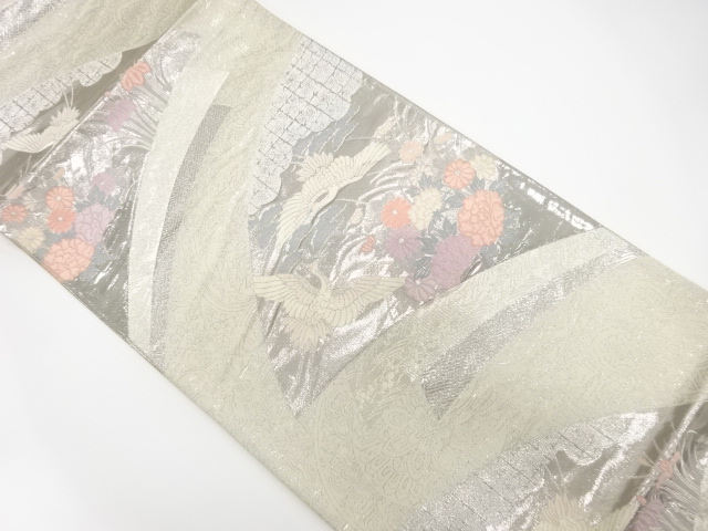 鶴に菊・古典柄織り出し　袋帯